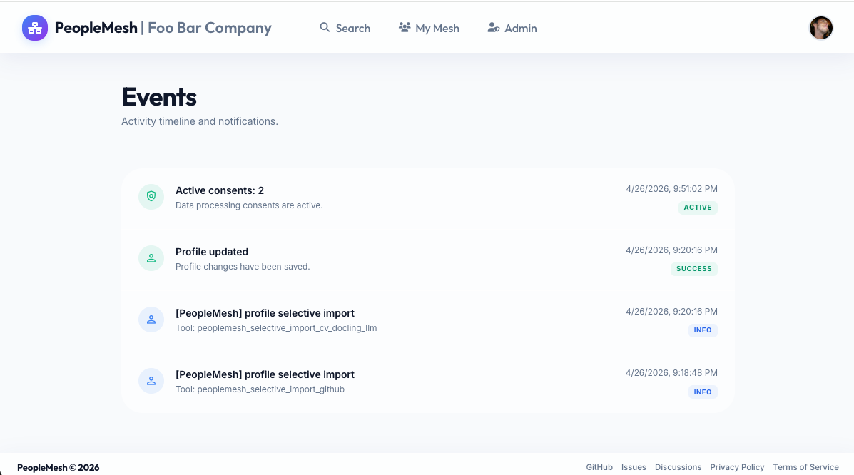 Events timeline with consent updates and profile import entries.