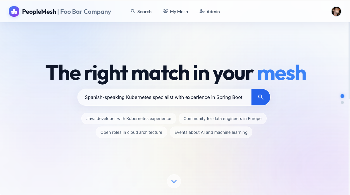 Landing page with a natural-language query entered in the search field.