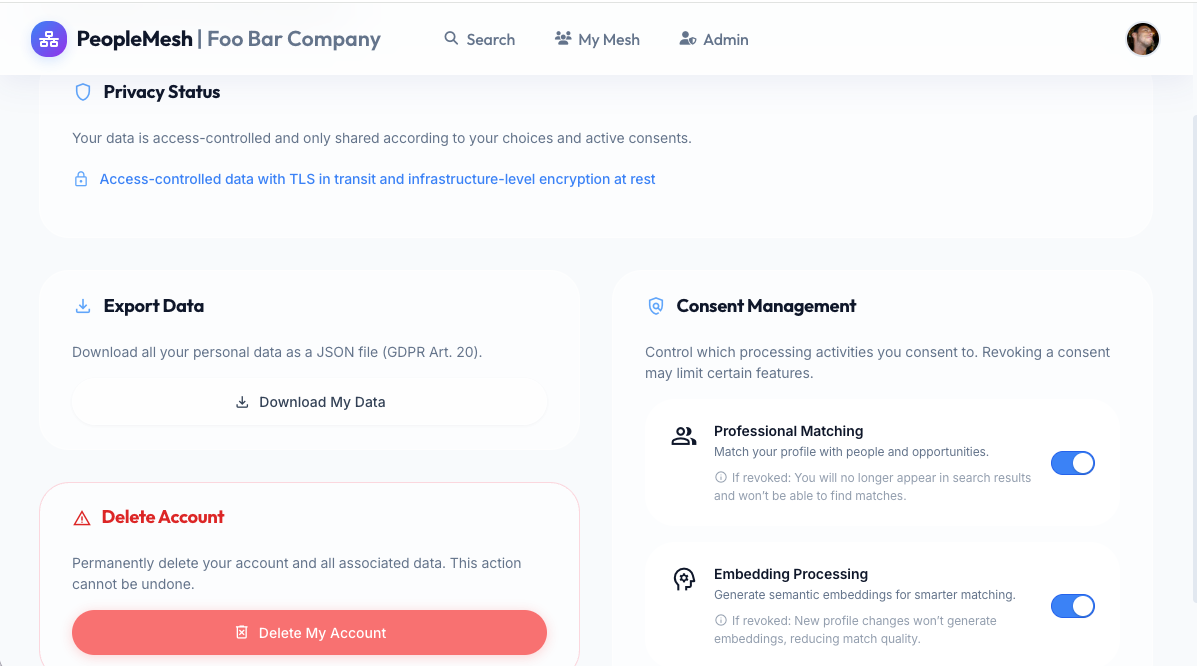 Privacy section with consent management toggles and data export options.