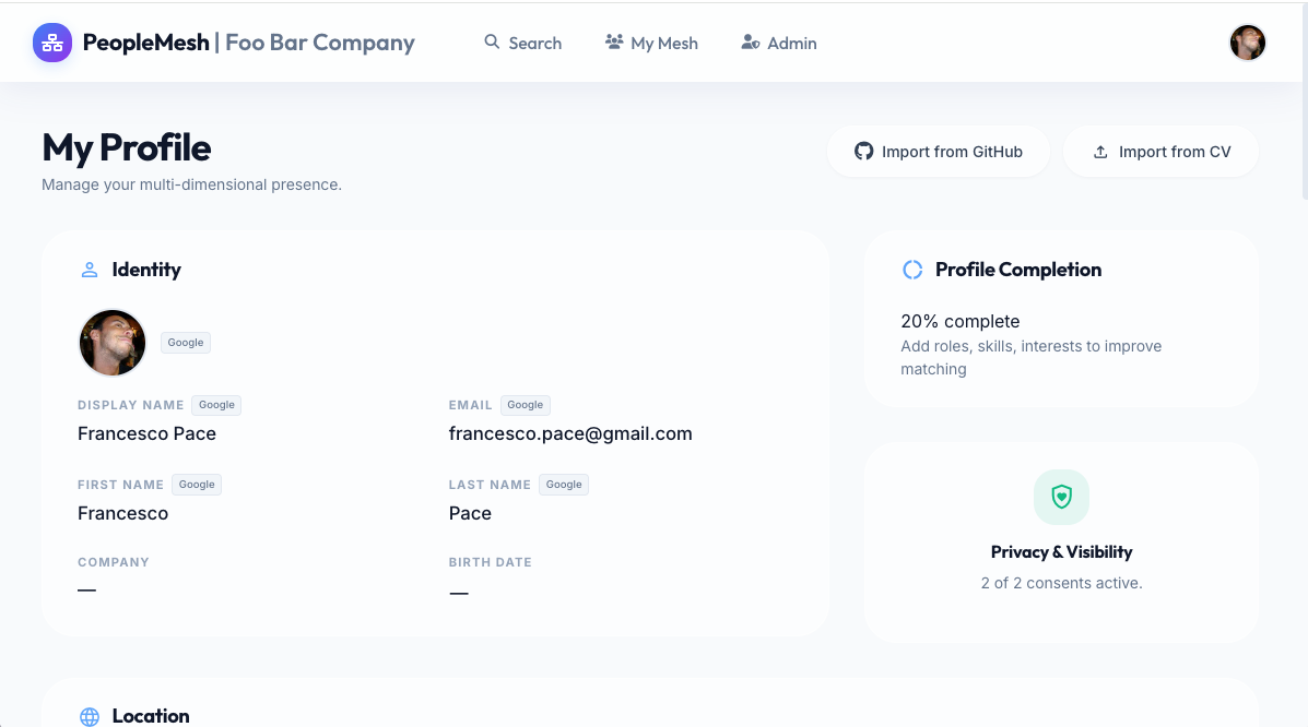 My Profile page with identity fields and profile completion widget.