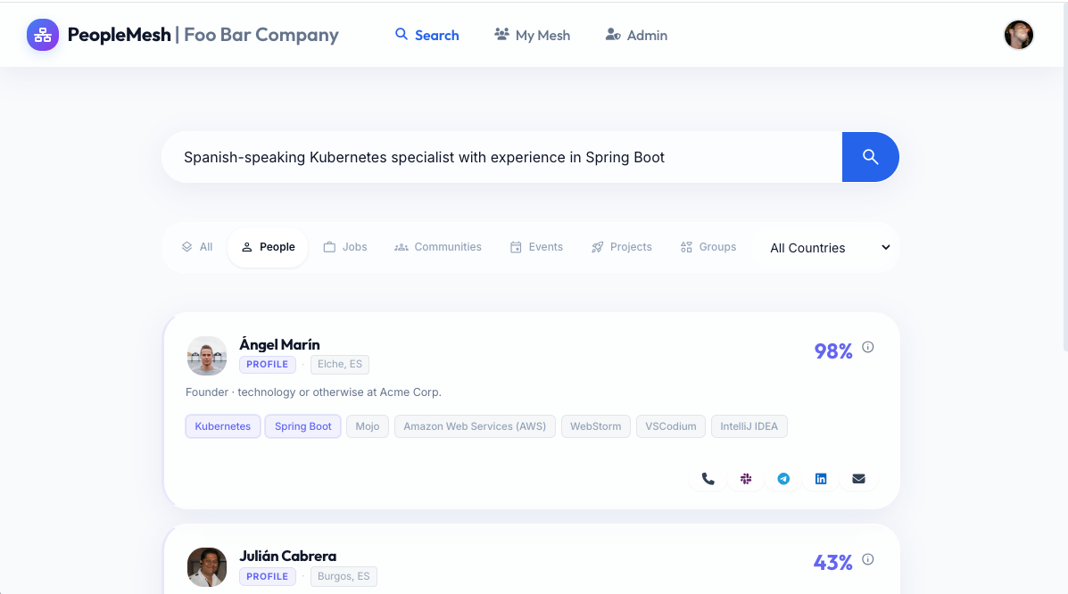 Search results page with ranked profiles and filters.